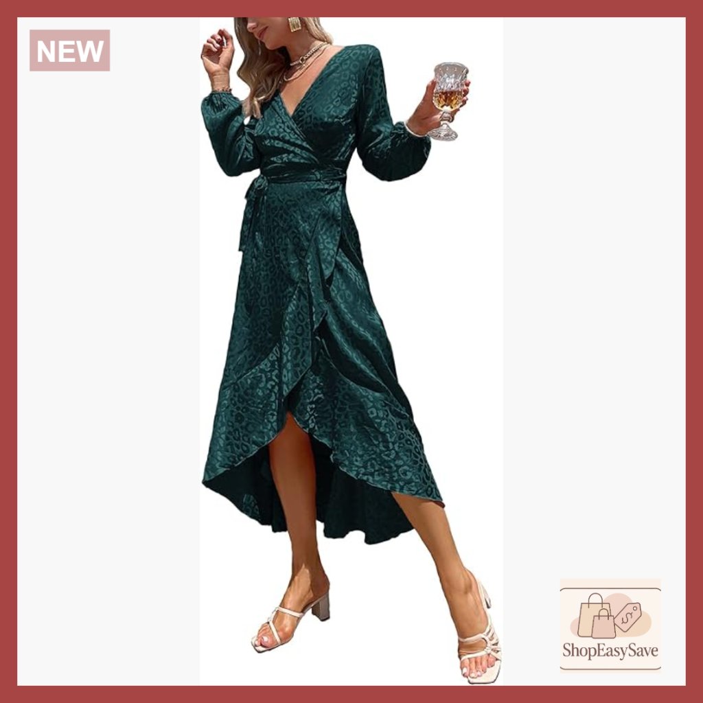 Elegant Satin Maxi Dress Wrap Design Ruffle Hem Long Sleeve V Neck Chic
